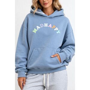 Madhappy Blue Hoodie | Pastel Graphic Sweatshirt | “MADHAPPY” Logo Pullover XL
